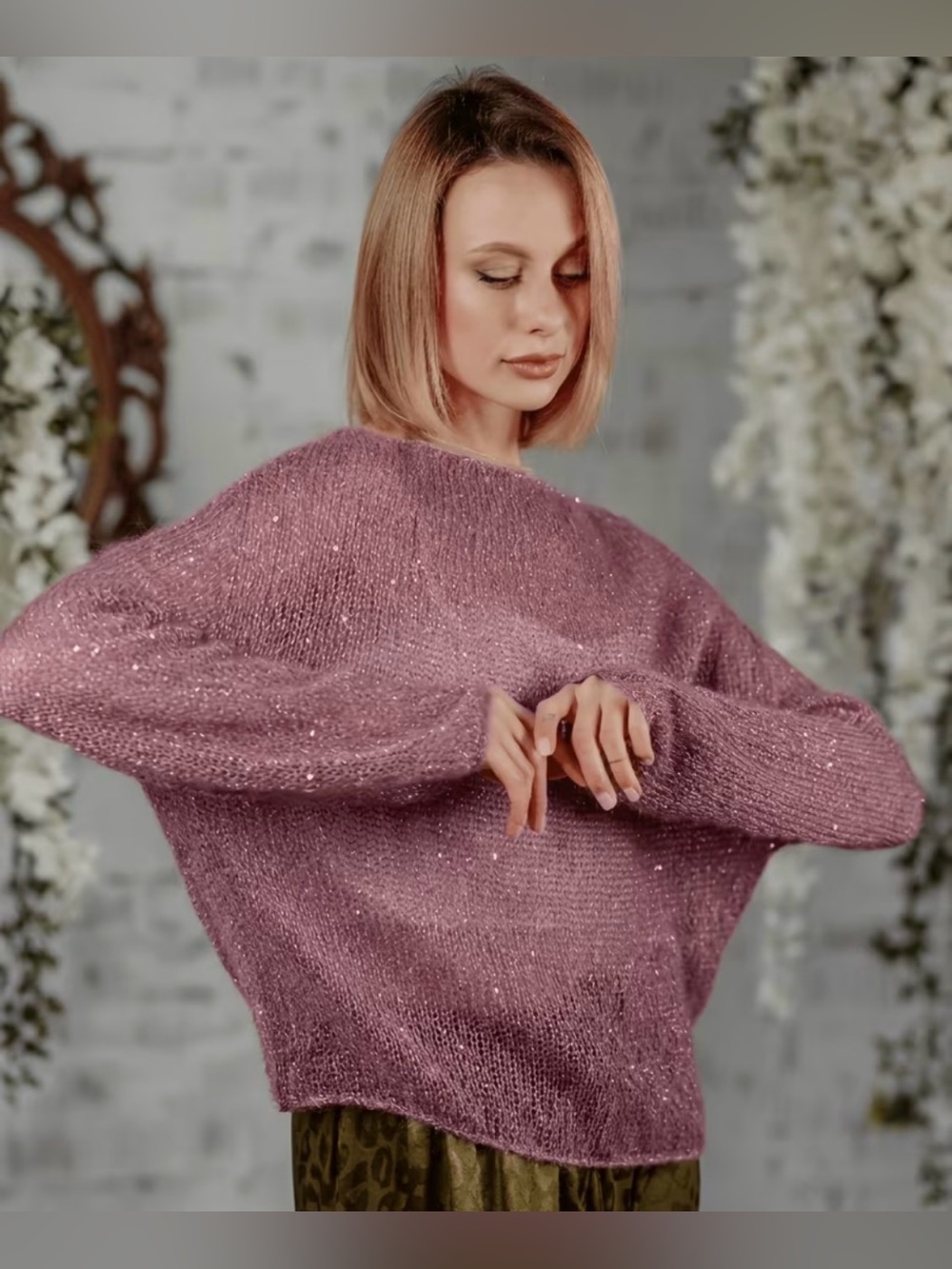 New Plum Mohair Open Knit Sweater with Sparkle Lg
